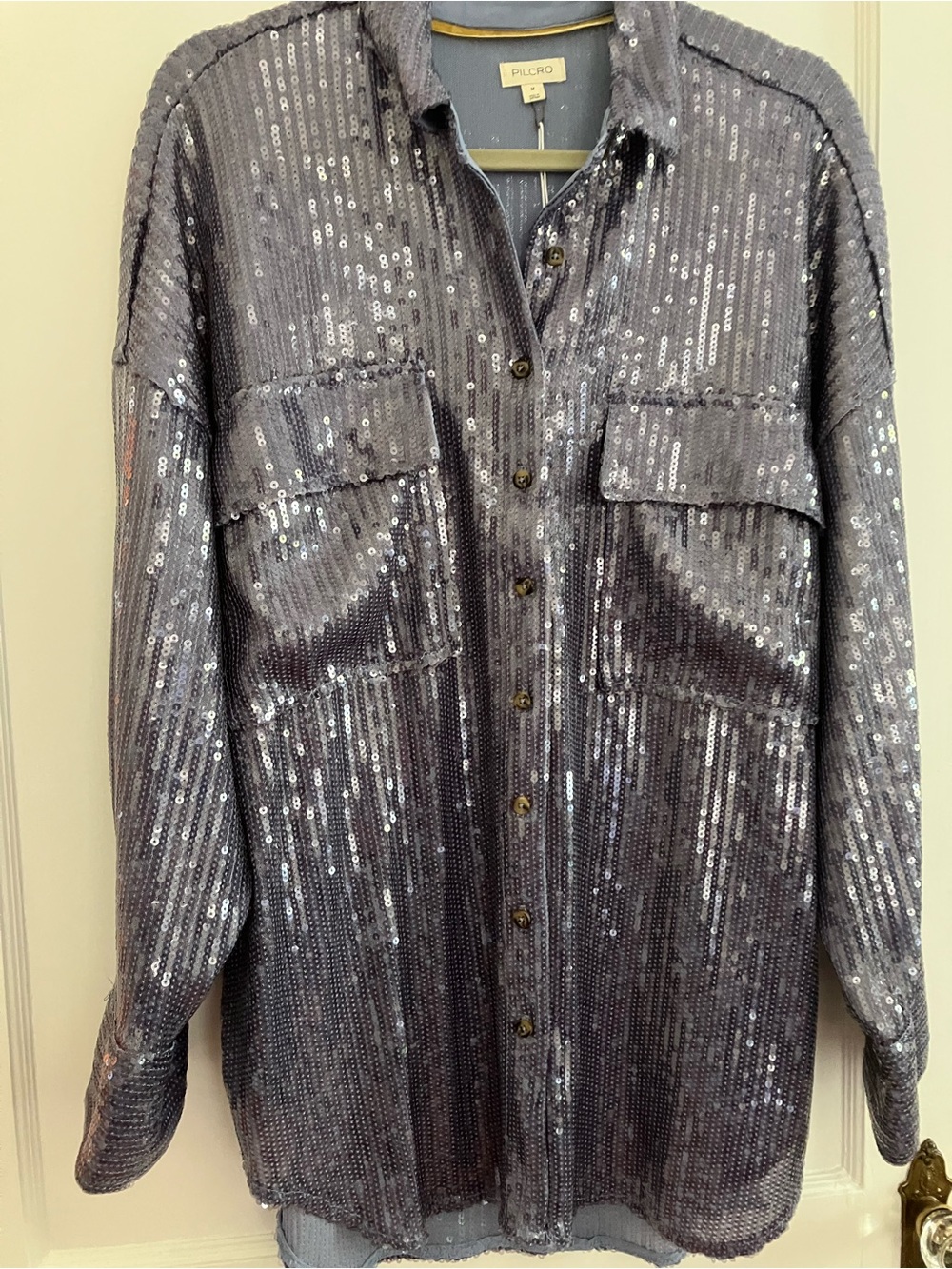 Pilcro Sequined Shirt Jacket in Shimmery Silver